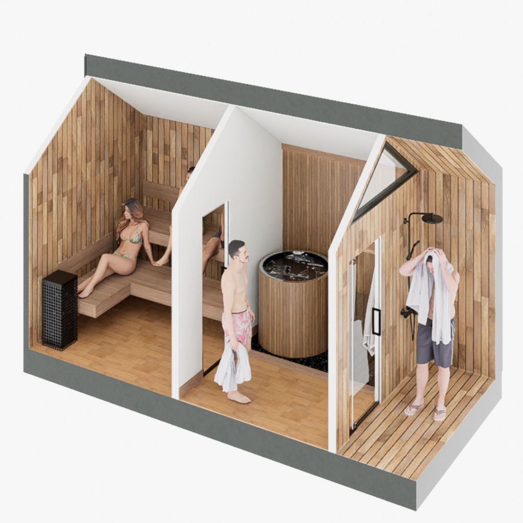 A 3D architectural rendering of a modern wooden sauna cabin with a hot spring bath and a shower area, showing people using the facilities inside.