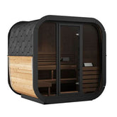 SaunaLife CL5G cube sauna with shingled roof, angled front view