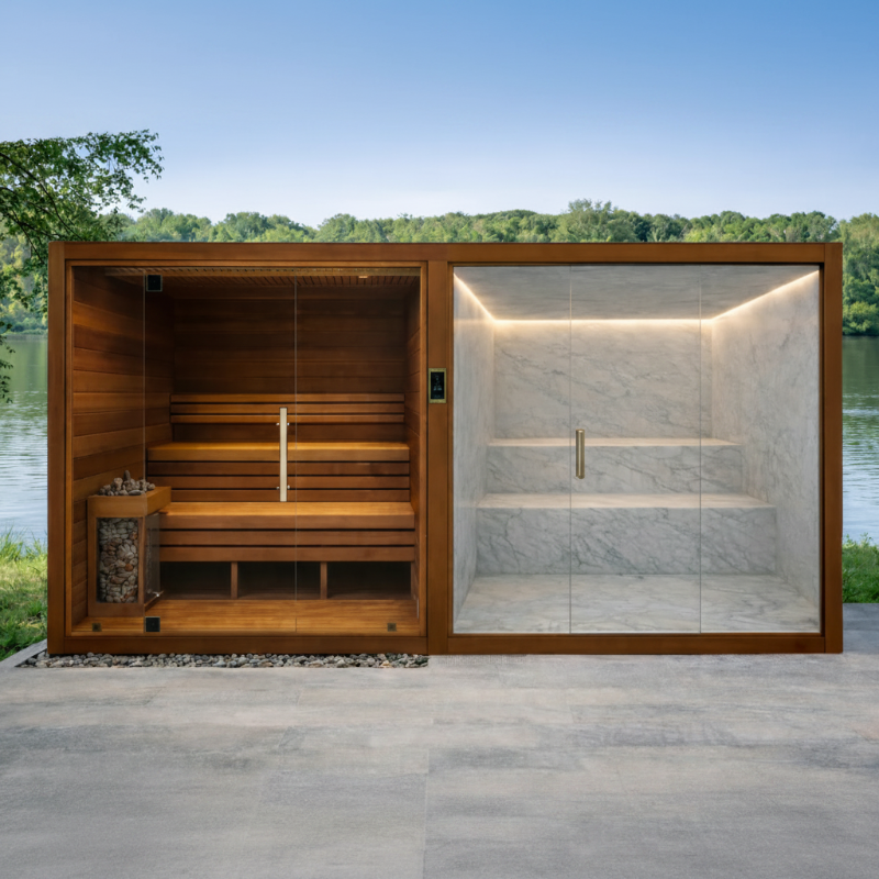 Modern wellness retreat with a glass steam room, a traditional sauna