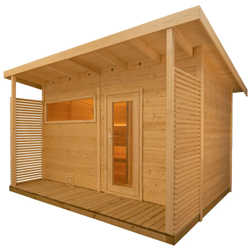 A light natural wood sauna cabin with a covered porch, vertical slatted side panels, a front glass door, and a window on a white background.
