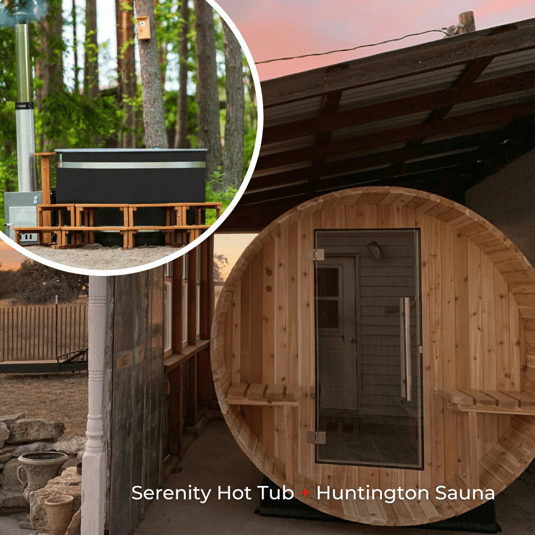 Almost Heaven Huntington 6 Person Barrel Sauna & Almost Heaven Serenity 4 Person Wood Fired Hot Tub