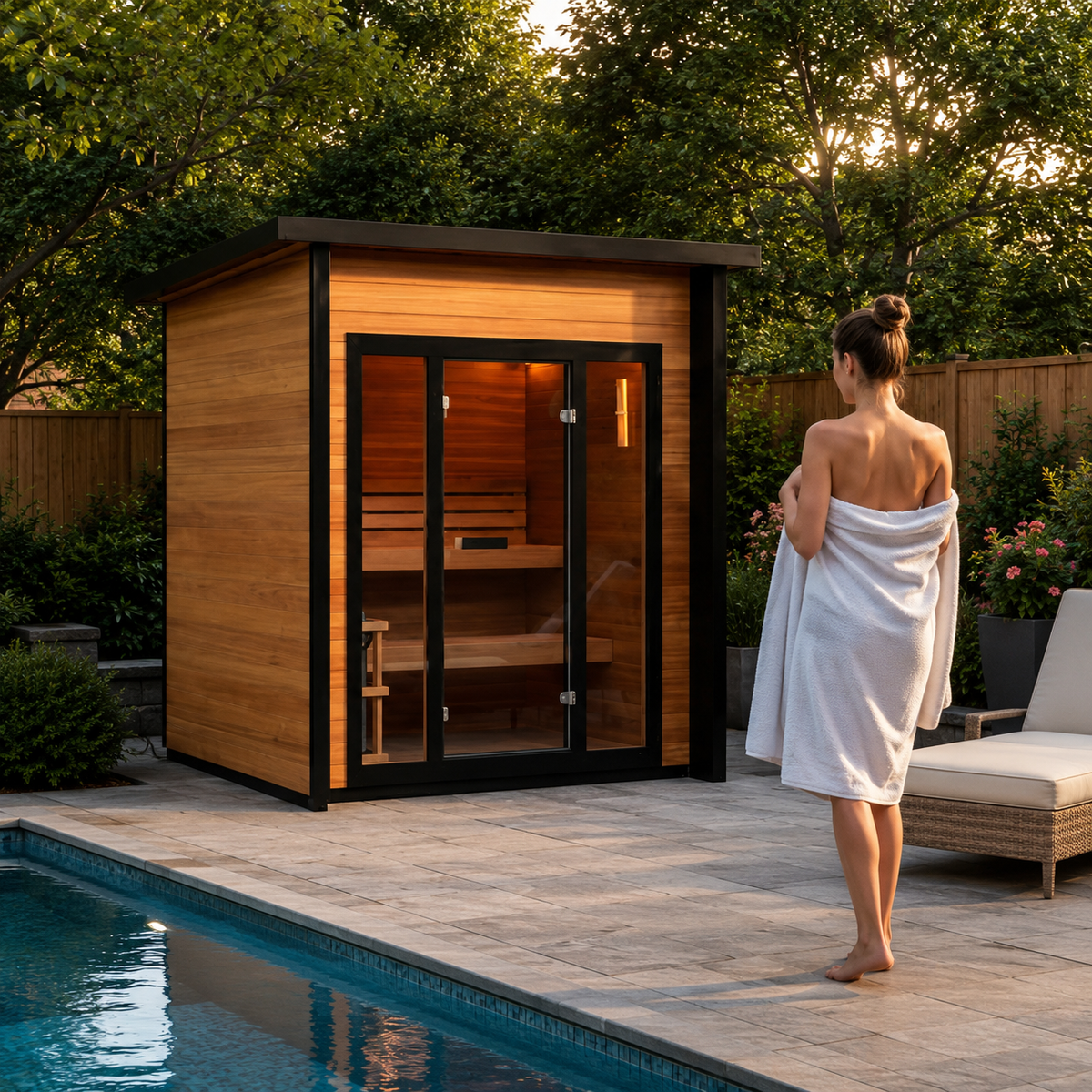 A woman wrapped in a white towel stands beside a swimming pool next to a modern wooden outdoor sauna with black framing and glass doors, with trees and a patio in the background.