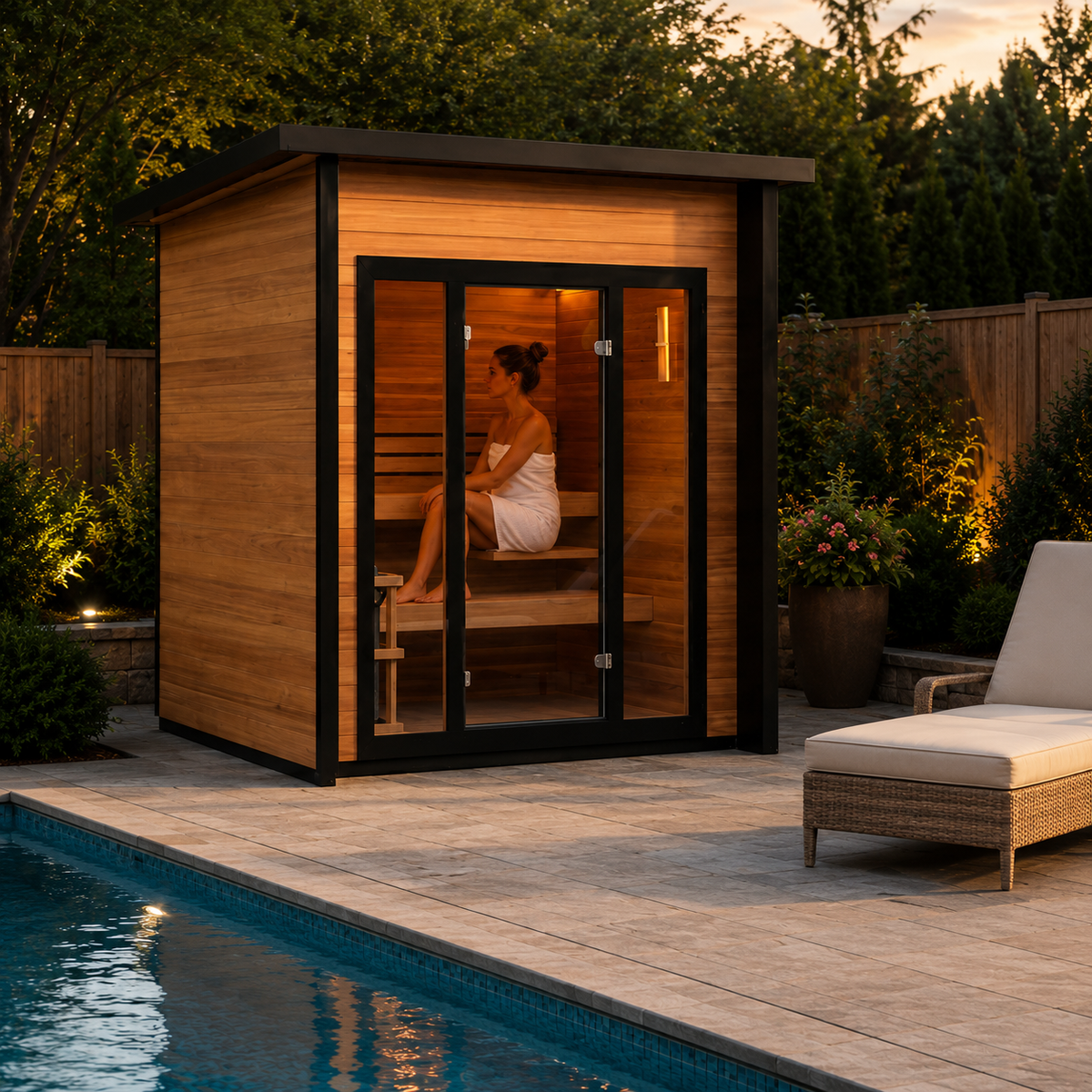 A wooden outdoor sauna with black-framed glass doors sits beside a swimming pool in a backyard. A woman is seated inside on the wooden benches, and a lounge chair is visible in the foreground.