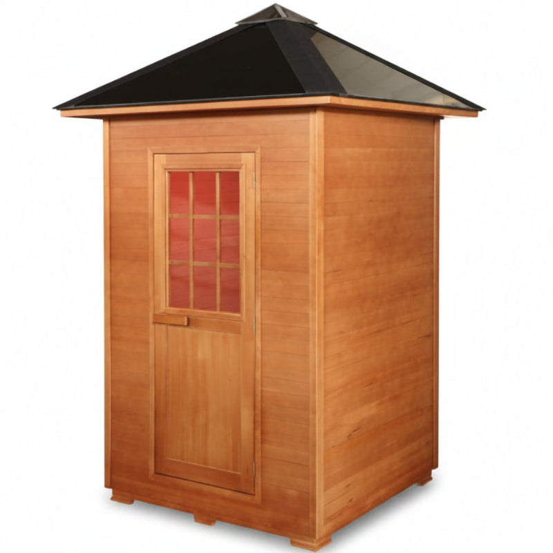 Sunray Eagle A wooden outdoor sauna with a warm brown wood-grain exterior, a black pyramid roof, and a front window with red curtains, shown on a plain white background.