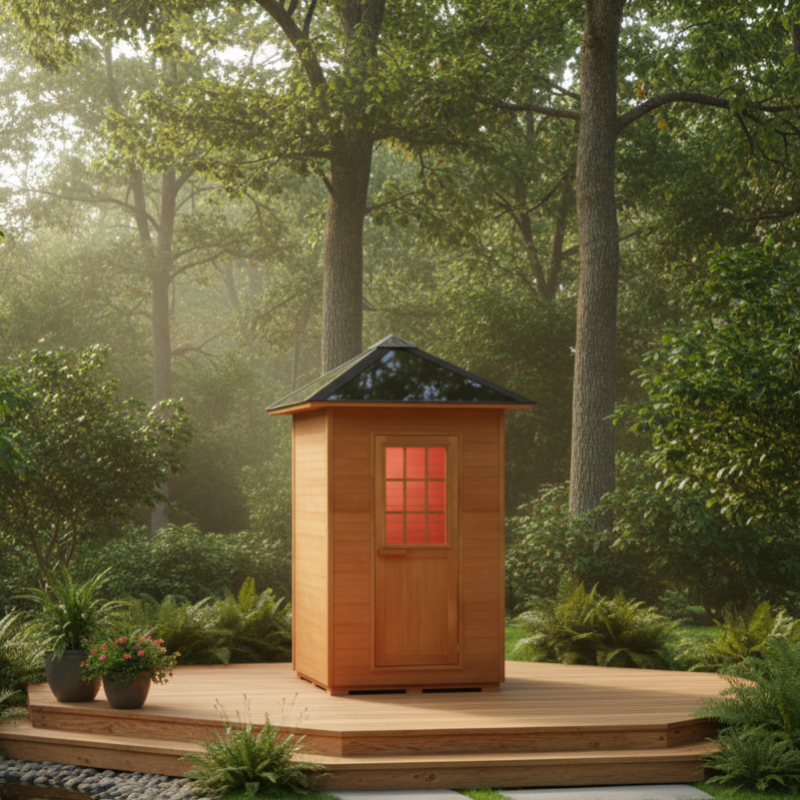 SunrayEagle A small wooden outdoor cabin or sauna with a dark shingled roof sits on a raised wooden platform in a lush green garden with trees, plants, grass, and a stone path.