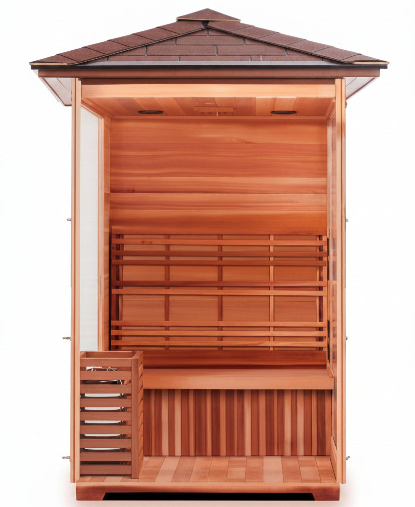 Sunray Eagle A wooden outdoor sauna with an open front door, featuring multiple tiers of wooden benches, a dark brown tiled roof, and a side-mounted ventilation or heating unit, shown against a plain white background.