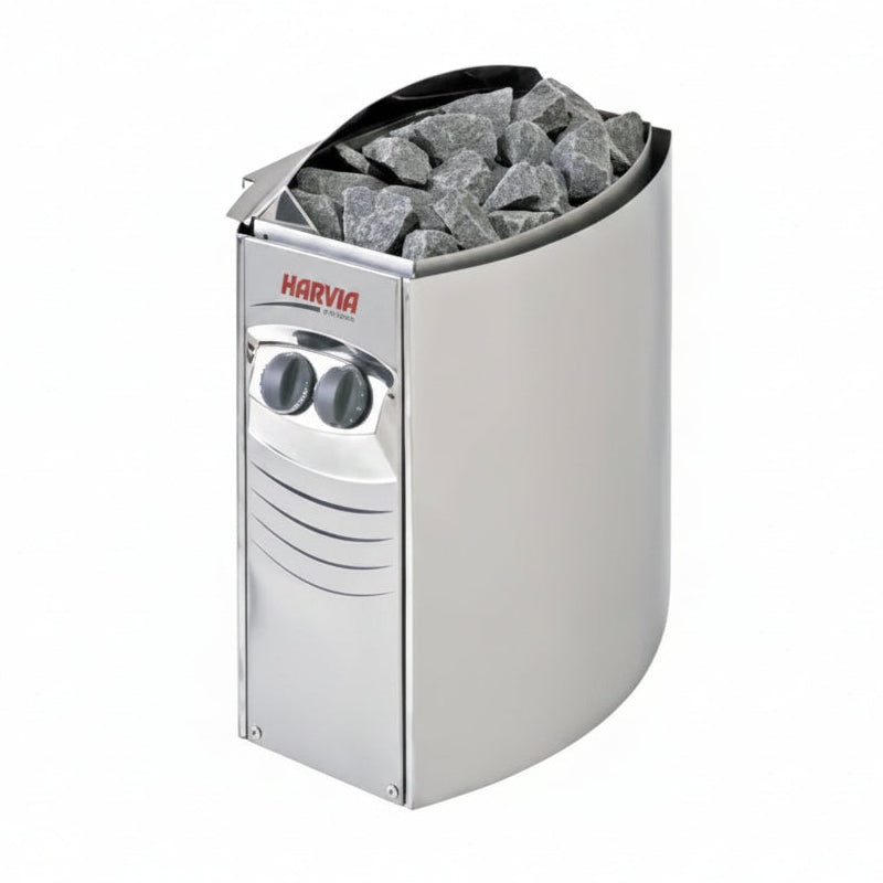 A stainless steel sauna stove filled with gray heating stones, featuring a red and white HAVRIA logo on the front, set against a plain white background.