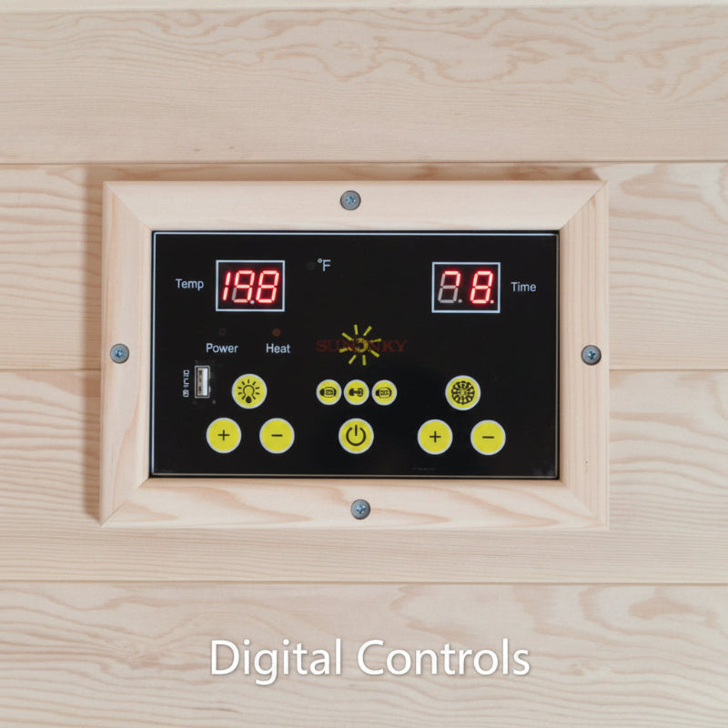 A digital control panel mounted on a light natural wood surface, featuring two LED temperature displays and yellow buttons, with the text 'Digital Controls' overlaid at the bottom.