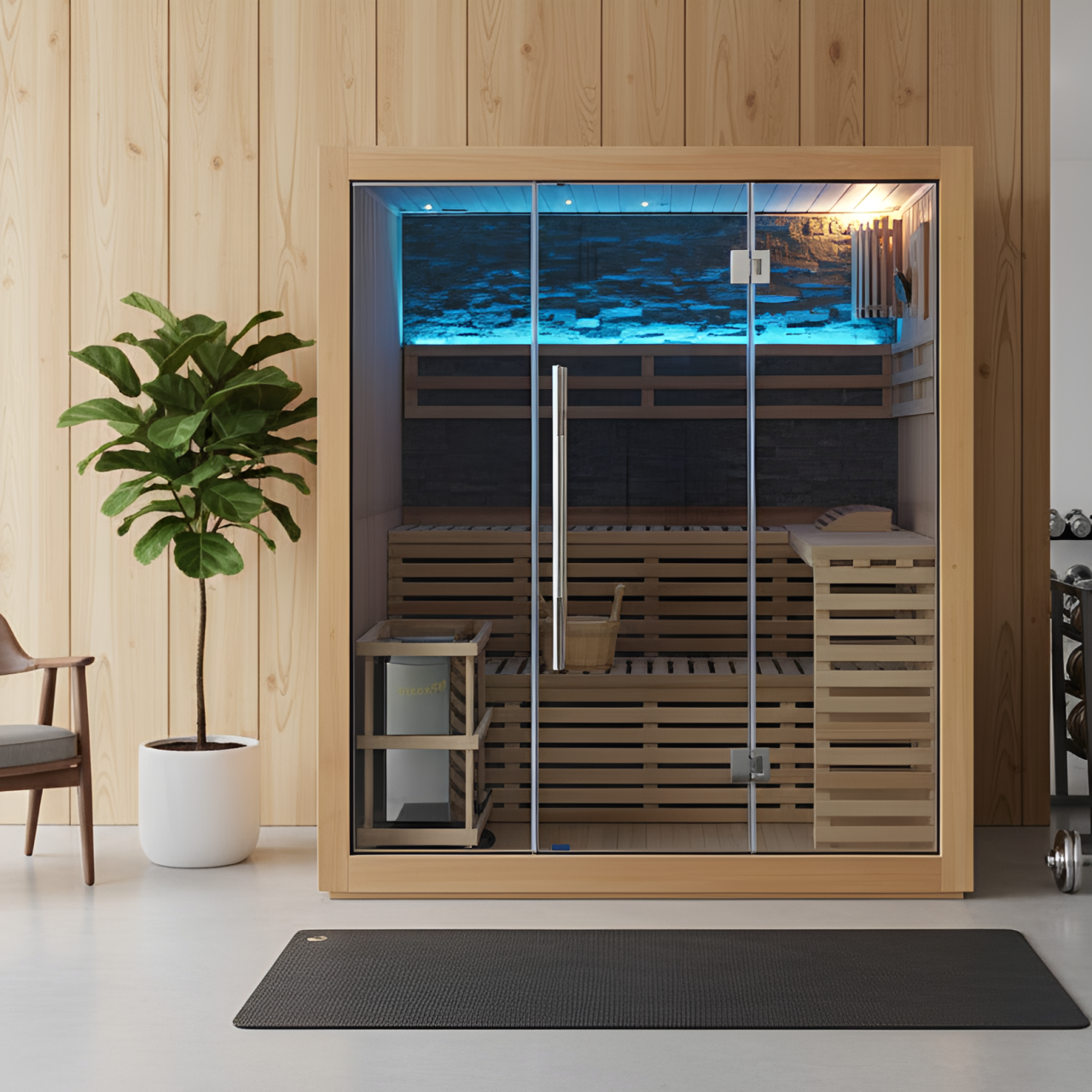 A wooden glass steam room sauna with a black mat in front, set against a light wood-paneled wall with a potted plant on the left.