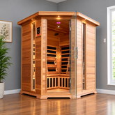 The Bristol Bay cedar corner sauna in a carpeted room