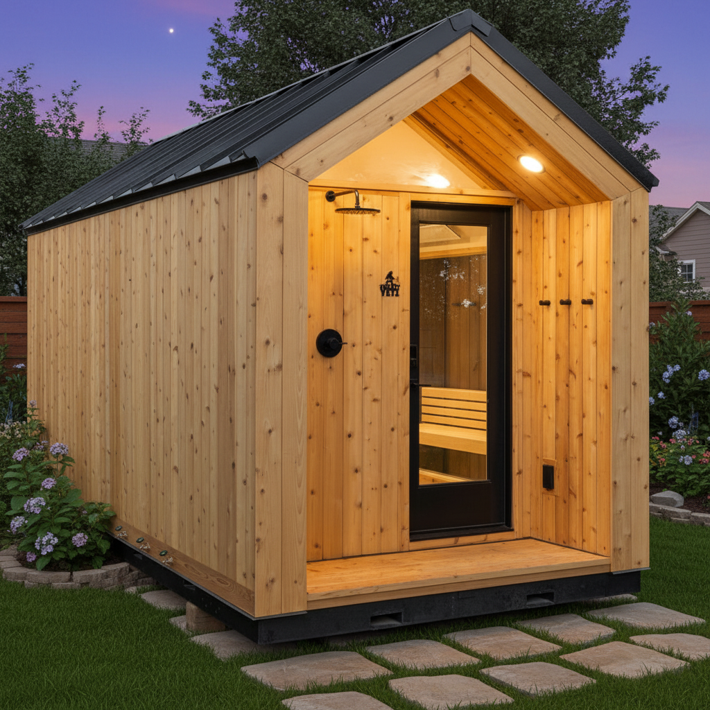 A modern wooden sauna cabin with a warm wood-paneled exterior, black metal roof and trim, and a glass door, shown in a landscaped garden at dusk.
