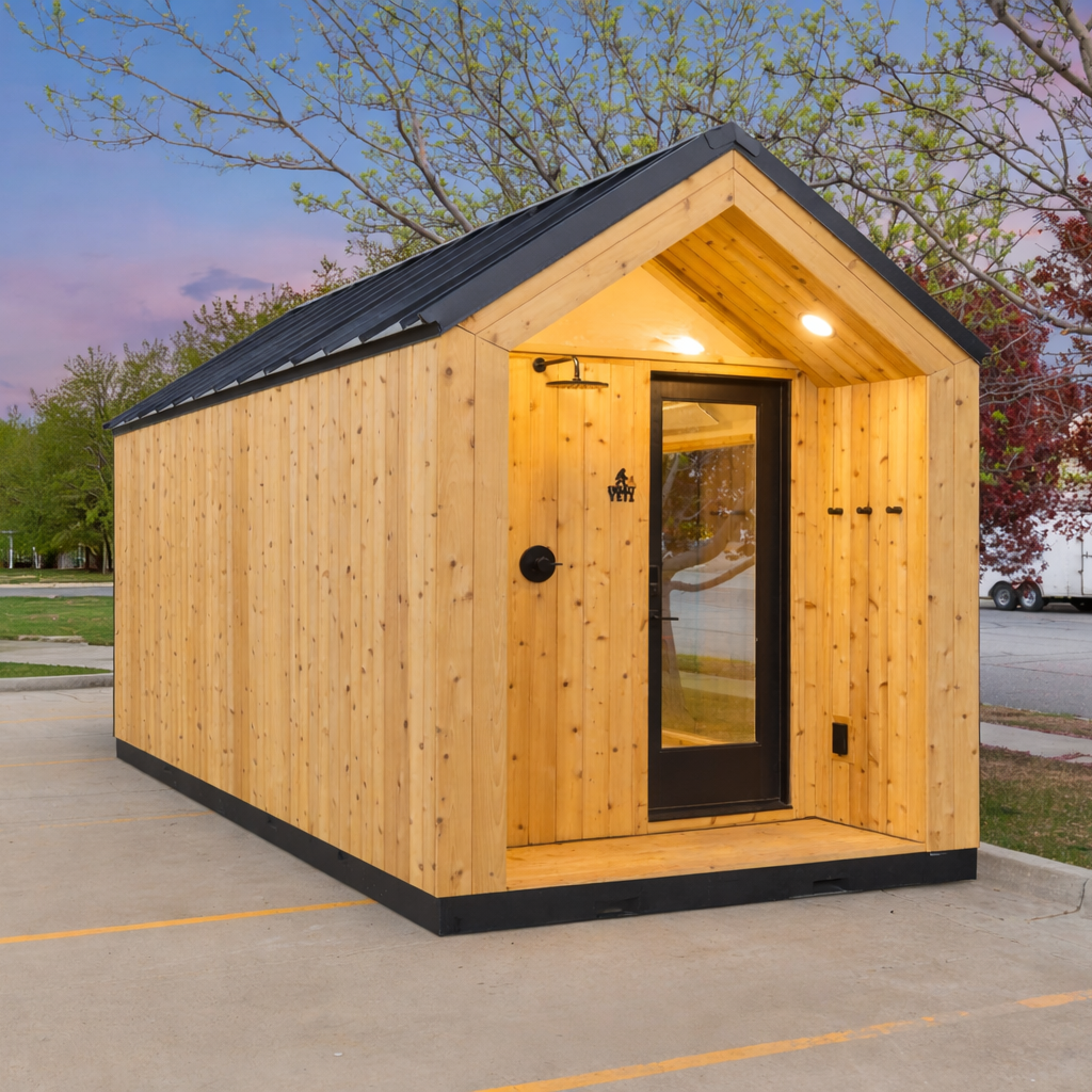 A small modern wooden cabin or sauna with light natural wood siding, a black metal roof, and a black-framed glass door, photographed outdoors on a paved lot at dusk.