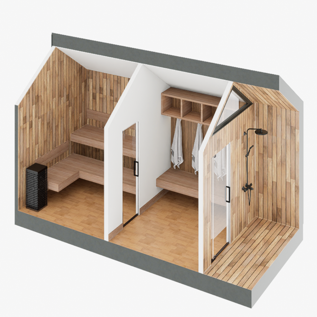 3D isometric rendering of a modern wooden sauna cabin with a built-in shower, sauna room, changing area with hanging towels, and wooden benches, shown on a light gray background.