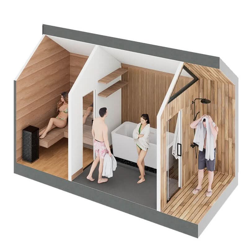 Sweaty Yeti 4-6 Person Outdoor Sauna & Cold Plunge Cabin with people inside.