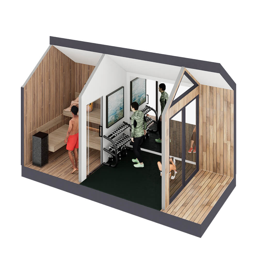 Sweaty Yeti 4-6 Person Outdoor Wellness & Fitness Cabin with people inside in 3D.