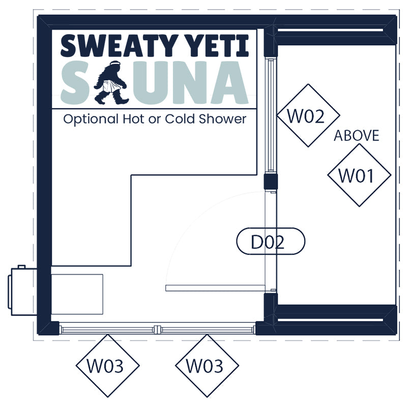 A black and white architectural floor plan diagram showing the layout of a shower area with labels including 'SWEATY YETI SAUNA', 'Optional Hot or Cold Shower', and room identifiers W01, W02, W03, and D02.