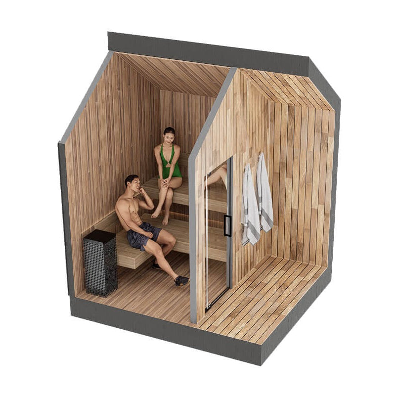 A 3D rendering of a modern wooden sauna cabin with a glass door, interior benches, hanging towels, and two illustrated people shown inside on a plain white background.