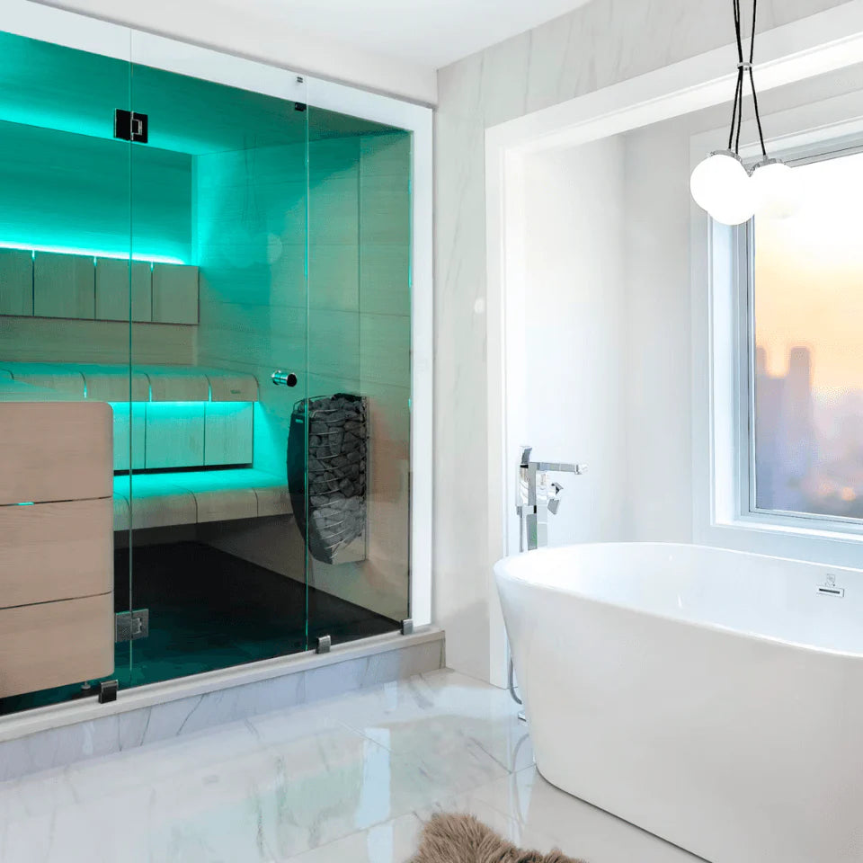 Modern bathroom with a freestanding bathtub and glass shower enclosure.