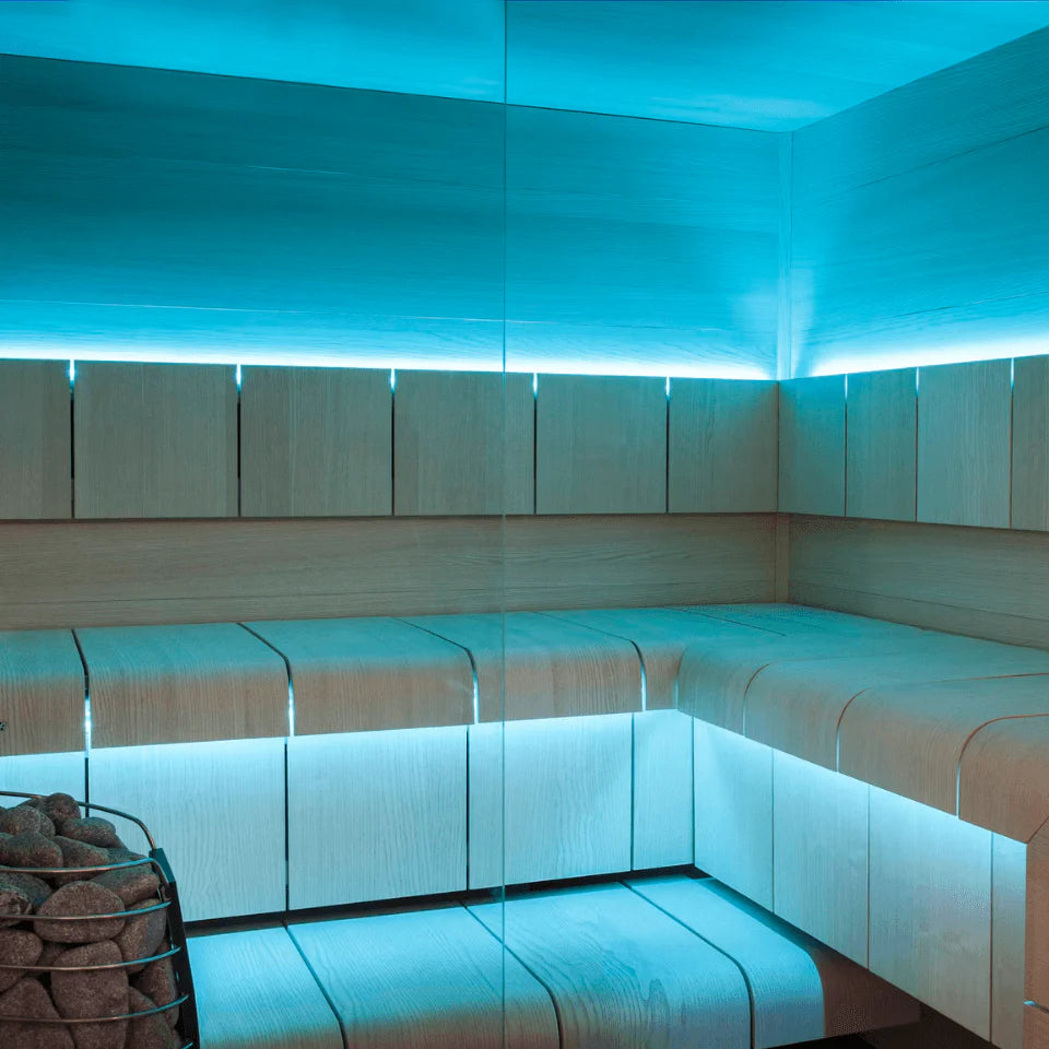 Modern sauna interior with blue LED lighting