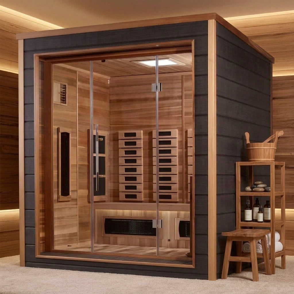 Golden Designs Visby hybrid sauna, angled side view