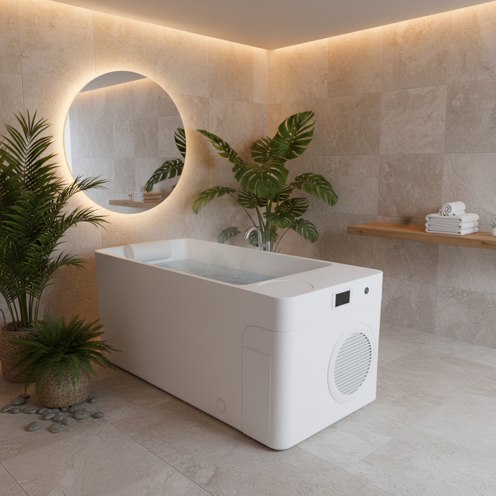 A modern white rectangular bathtub with a built-in water pump and vent, set in a luxurious spa bathroom with beige stone tiles, a glowing round mirror, and potted green plants.