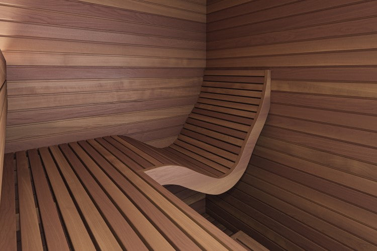 Wooden sauna interior with curved bench