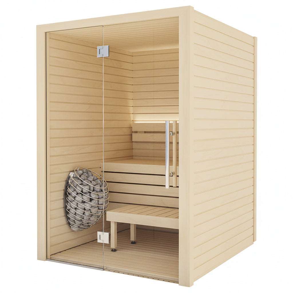 Wooden sauna with glass door and bench on a white background