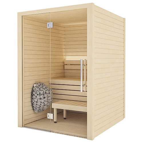 Wooden sauna with glass door and bench on a white background