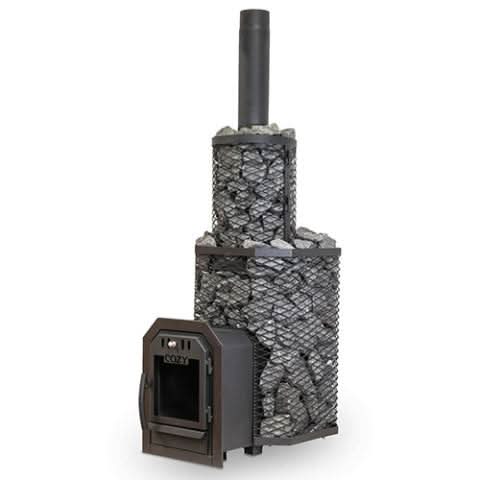 Thru-Wall heater with chimney stone cage, angled from the loading side