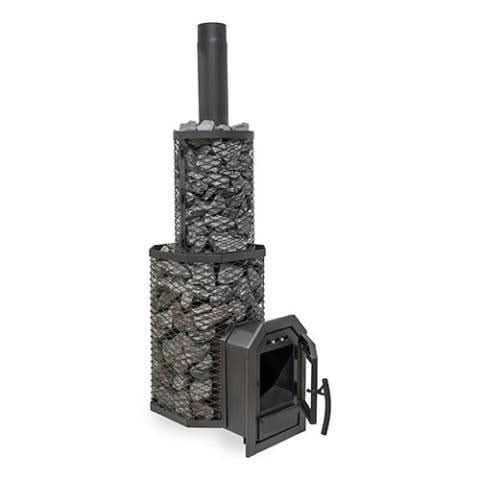 Thru-Wall heater with an extra stone cage on the chimney pipe, door open