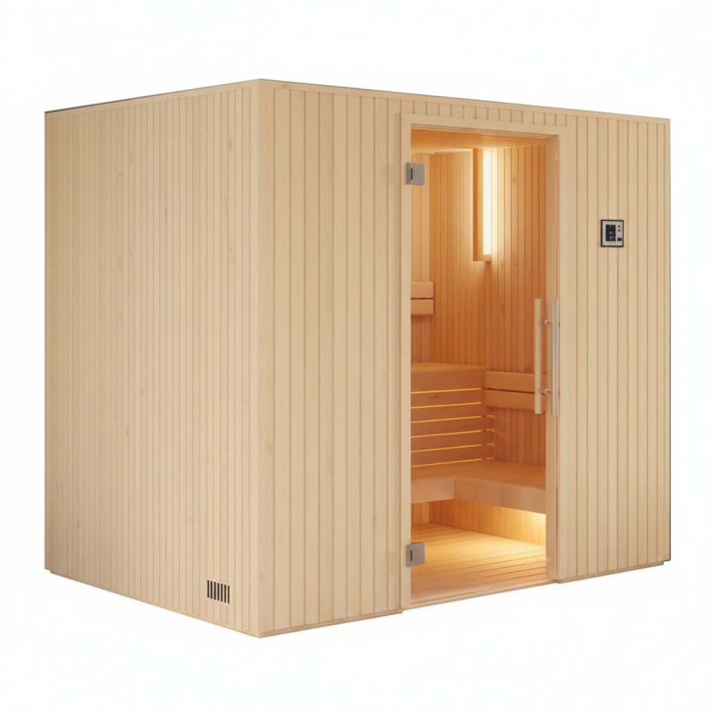 Wooden sauna with interior bench on a white background