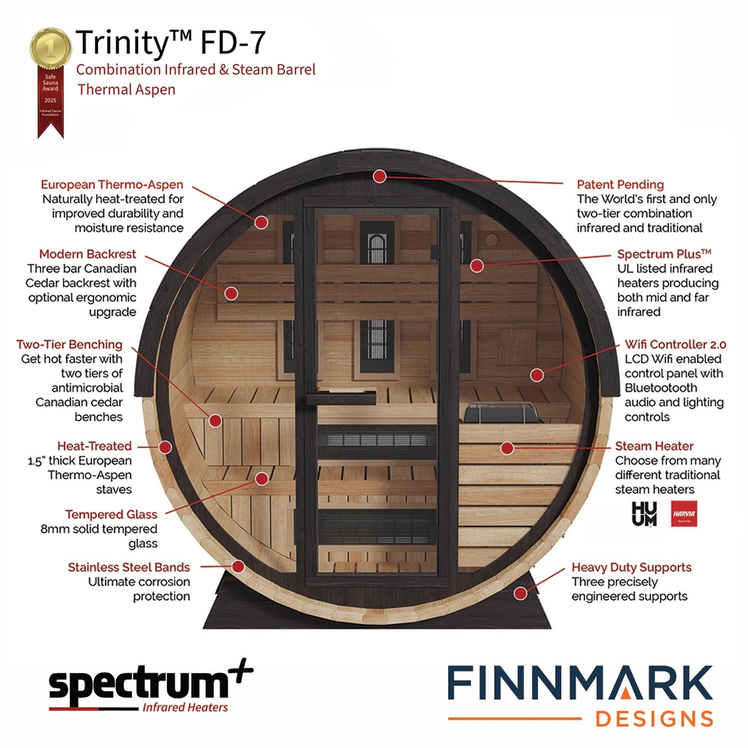 Finnmark Saunas Finnmark 4 Person FD-7 Thermo-Aspen Traditional-Infrared  Barrel Sauna
