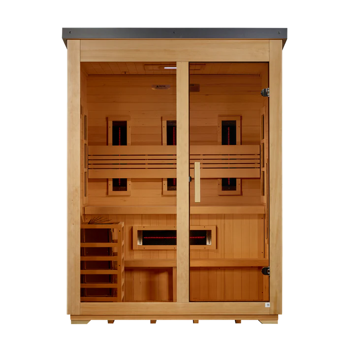Golden Designs Saunas Golden Designs "Carinthia" 3 Person Hybrid (PureTech™ Full Spectrum IR or Traditional Stove) Flat Roof Outdoor Sauna (GDI-8023-01)