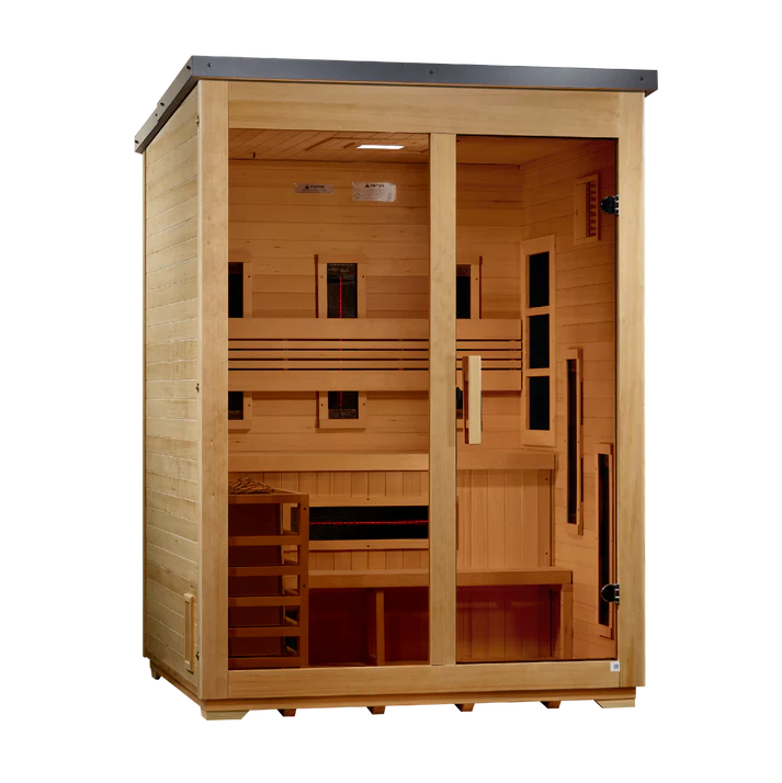 Golden Designs Saunas Golden Designs "Carinthia" 3 Person Hybrid (PureTech™ Full Spectrum IR or Traditional Stove) Flat Roof Outdoor Sauna (GDI-8023-01)