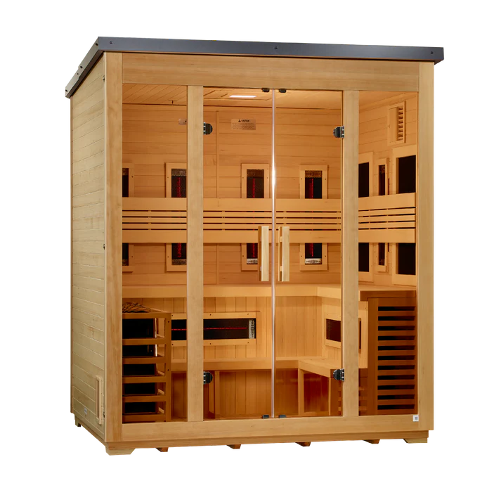 Golden Designs Saunas Golden Designs "Gargellen" 5 Person Hybrid (PureTech™ Full Spectrum IR or Traditional Stove) Flat Roof Outdoor Sauna (GDI-8025-01)