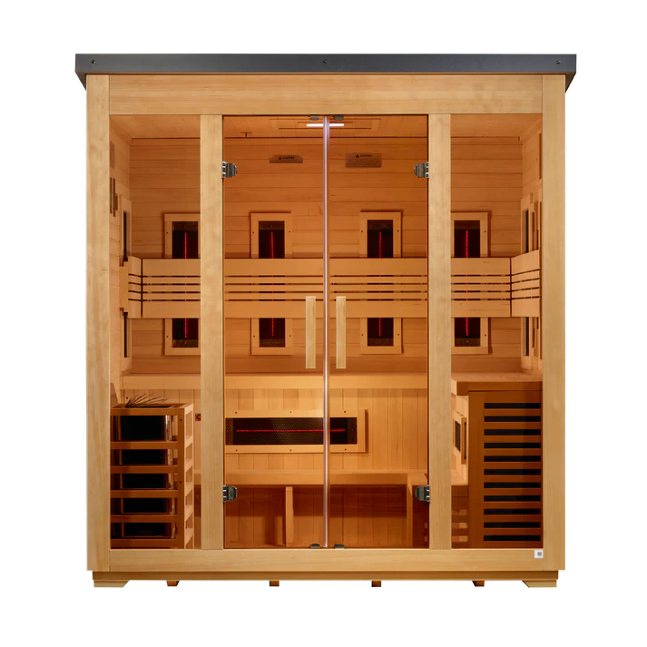 Golden Designs Saunas Golden Designs "Gargellen" 5 Person Hybrid (PureTech™ Full Spectrum IR or Traditional Stove) Flat Roof Outdoor Sauna (GDI-8025-01)