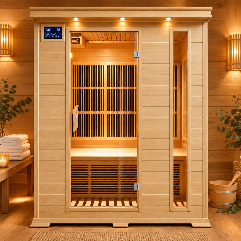 Canadian hemlock Aspen sauna with recessed exterior lights and control panel