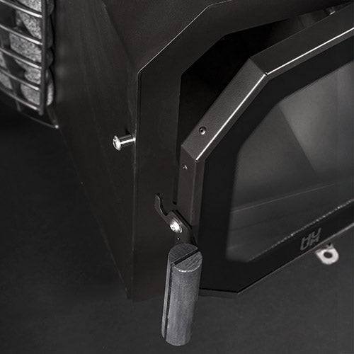 Close-up of the Flow LS firebox door, latch and handle