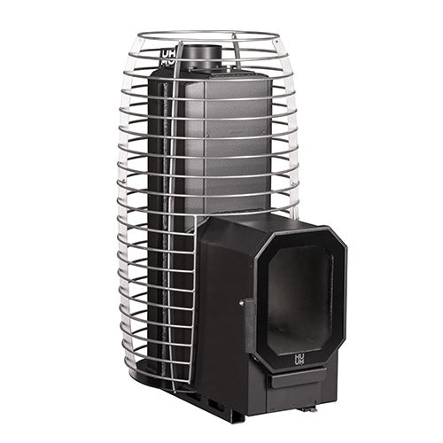 HUUM HIVE Flow Mini LS stove without stones, showing the firebox extension