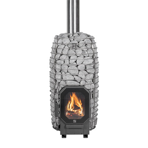 Front view of the HUUM HIVE Flow Mini wood-burning stove filled with stones