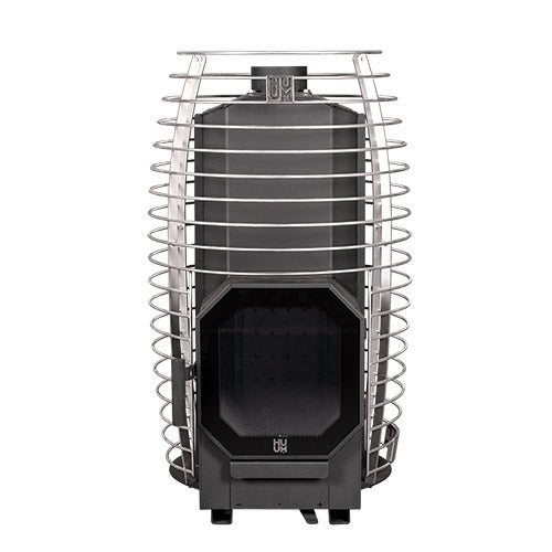 HUUM HIVE Flow stove body inside the empty stone cage, front view