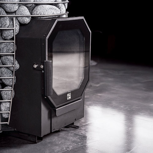 Close-up of the HIVE Flow firebox door with its glass window