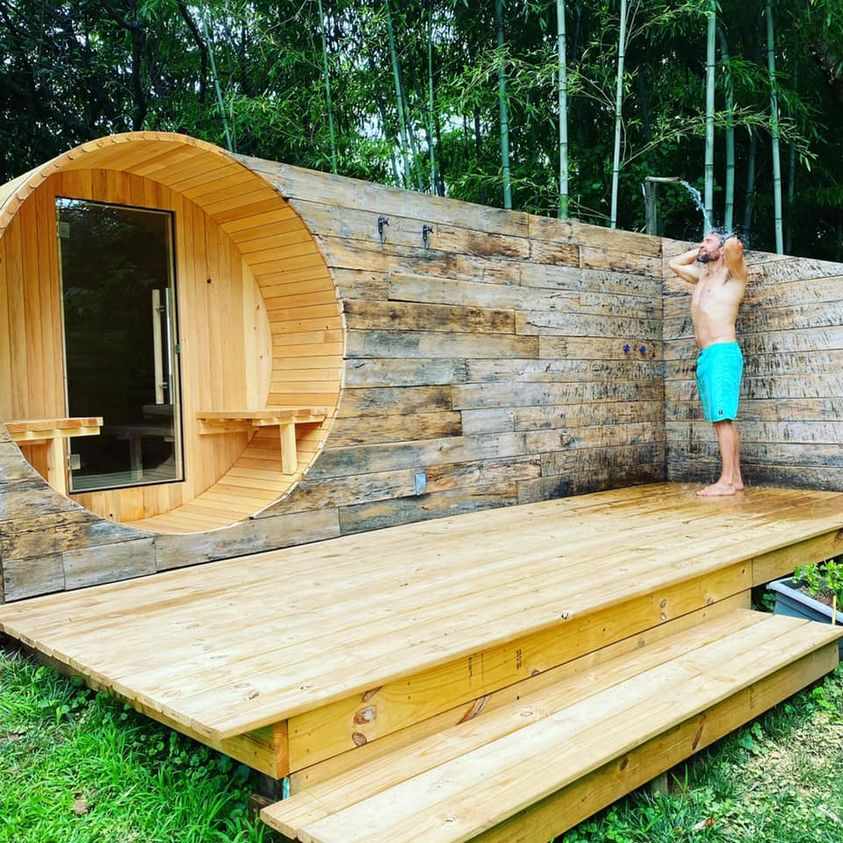 Almost Heaven Huntington 6-Person Canopy Barrel Sauna & Ellipse Outdoor Shower Set
