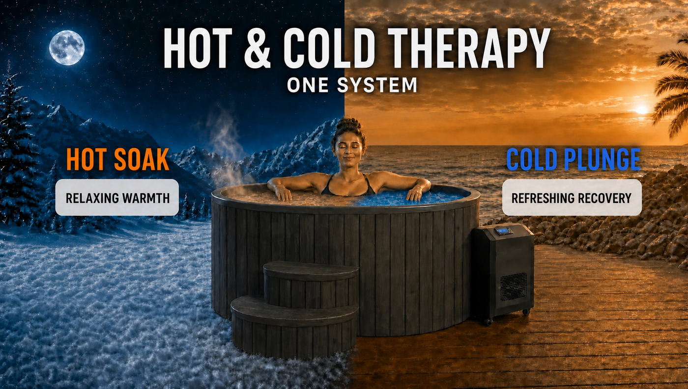 A hot tub system shown with a split-screen marketing graphic: a woman sits in the tub at center, with a snowy outdoor scene labeled 'HOT SOAK' on the left and a sunset beach scene labeled 'COLD PLUNGE' on the right. Large text at the top reads 'HOT & COLD THERAPY ONE SYSTEM.