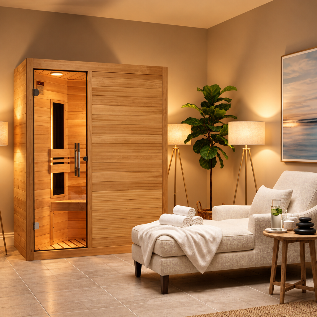 Maxxus S-Line infrared sauna beside a lounge chair in a home spa room