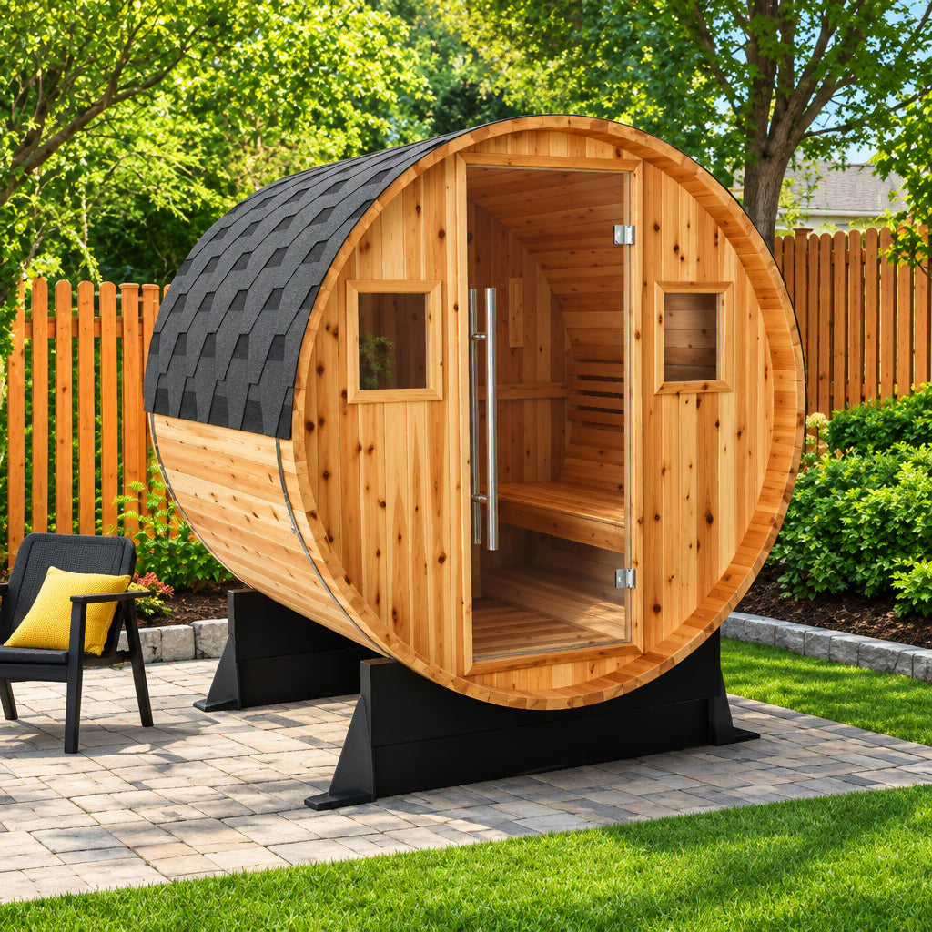 Angled view of the Solace barrel sauna on a backyard patio