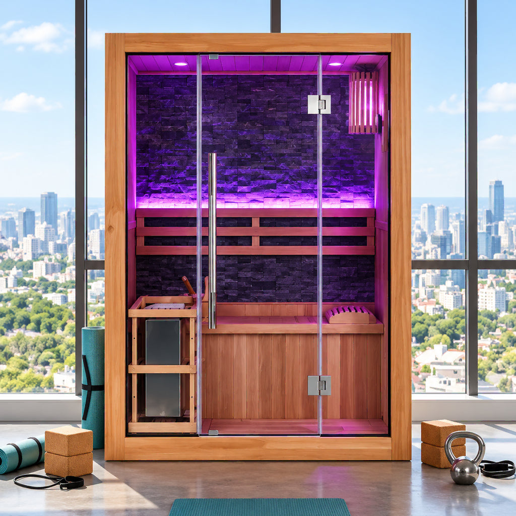 Sunray Westlake 3-person indoor sauna with purple LED lighting in a city-view room