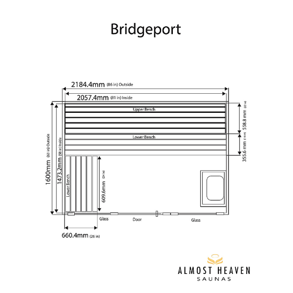 Specific dimensions for Almost Heaven Bridgeport 6-Persons Indoor Sauna