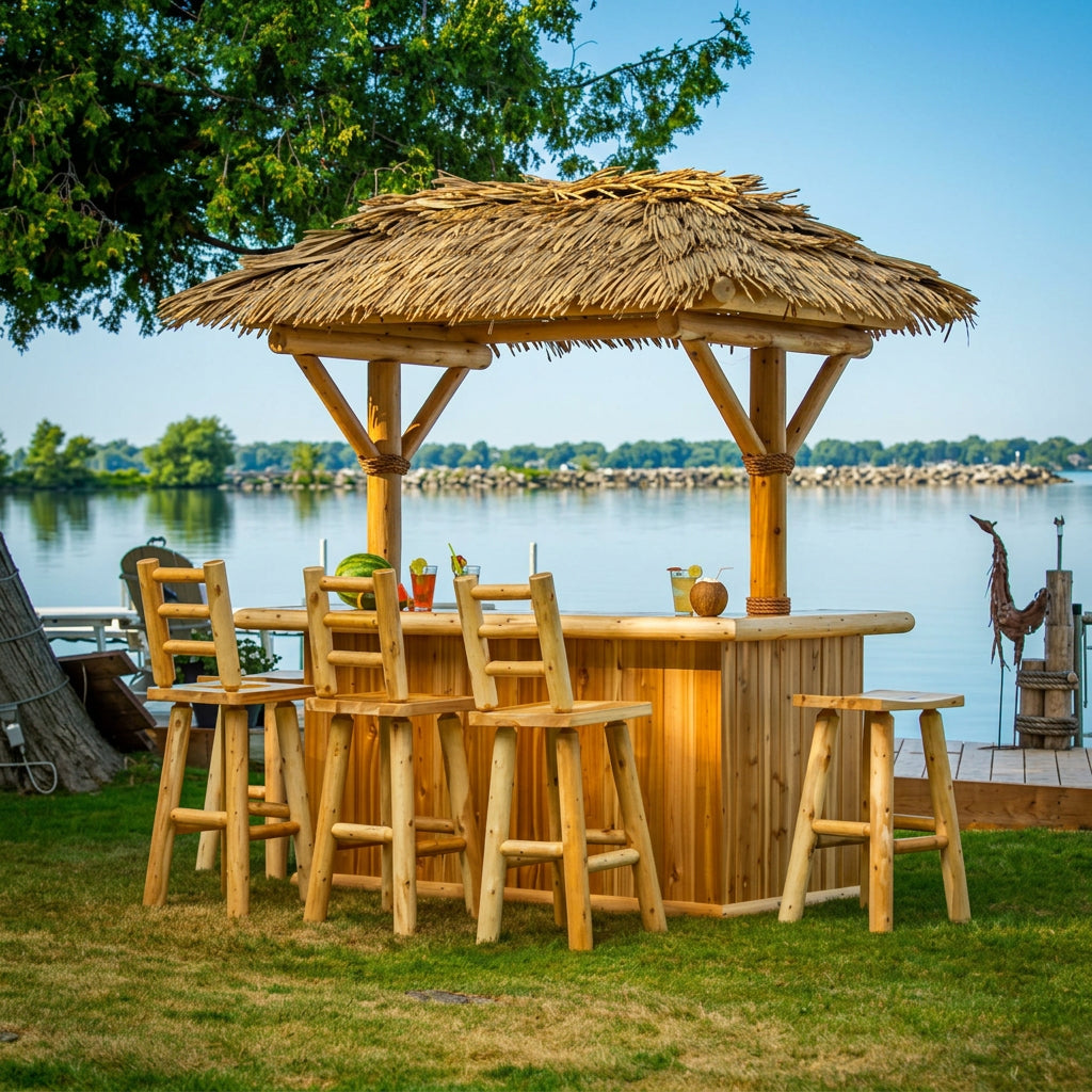 Dundalk LeisureCraft Tropical Paradise tiki bar with thatched roof and stools by a lake