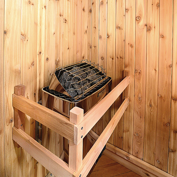 The Stone Storage at the side of the Almost Heaven Madison 2-3-Person Indoor Sauna